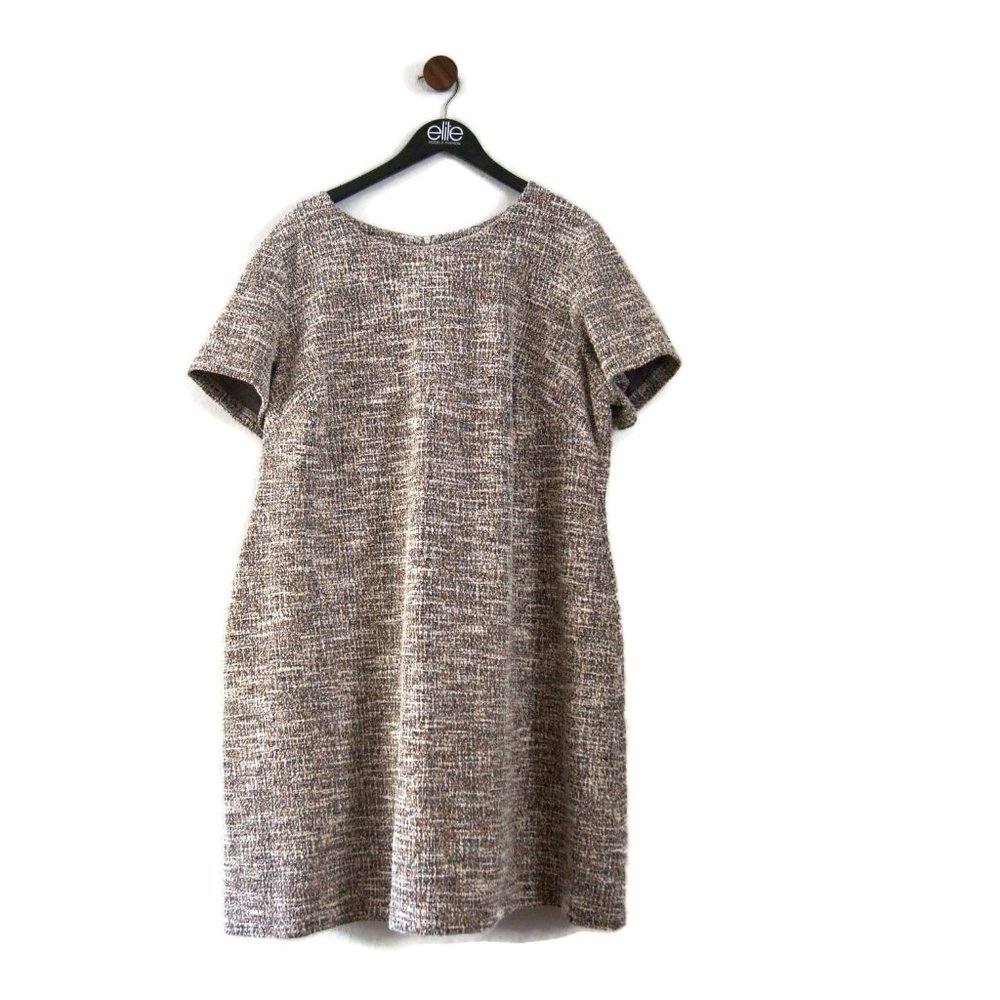 Calvin Klein Beige Multi-Tone Tweed Short Sleeve Midi Dress